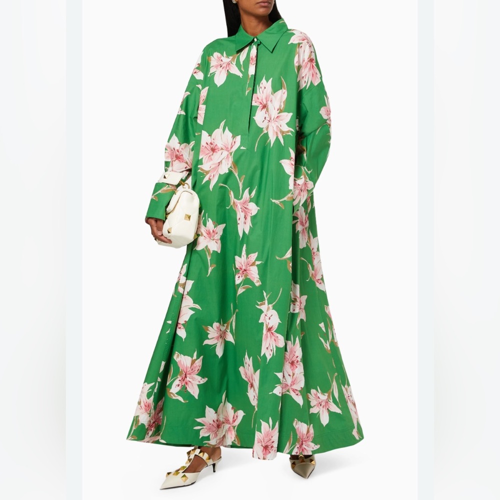Valentino NEW Green White Pink Lilly Floral Long Sleeve Dress Size 42